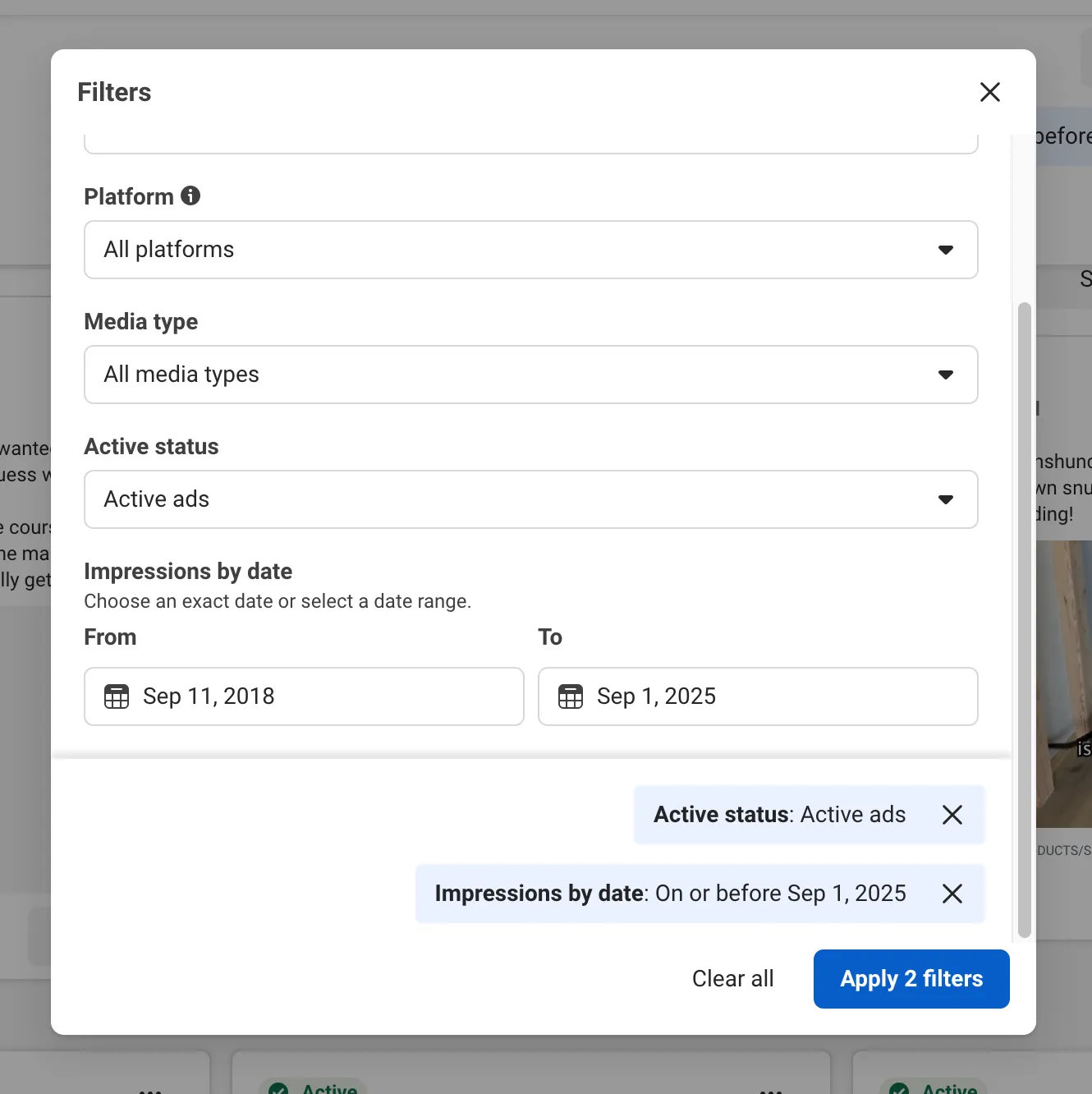Screenshot of Facebook Ads Library search results for dropshipping products