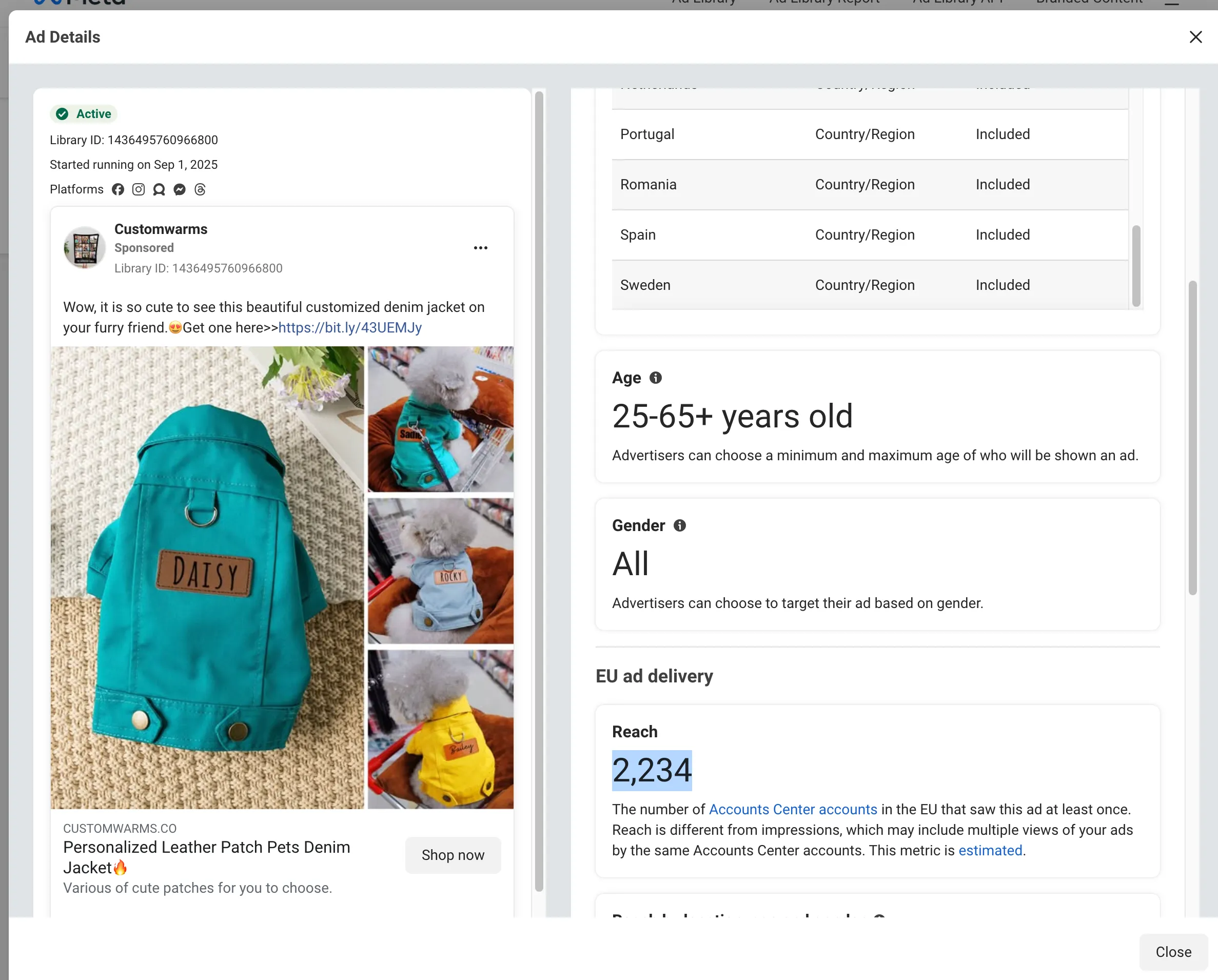 Screenshot of Facebook Ads Library showing multiple stores promoting similar products