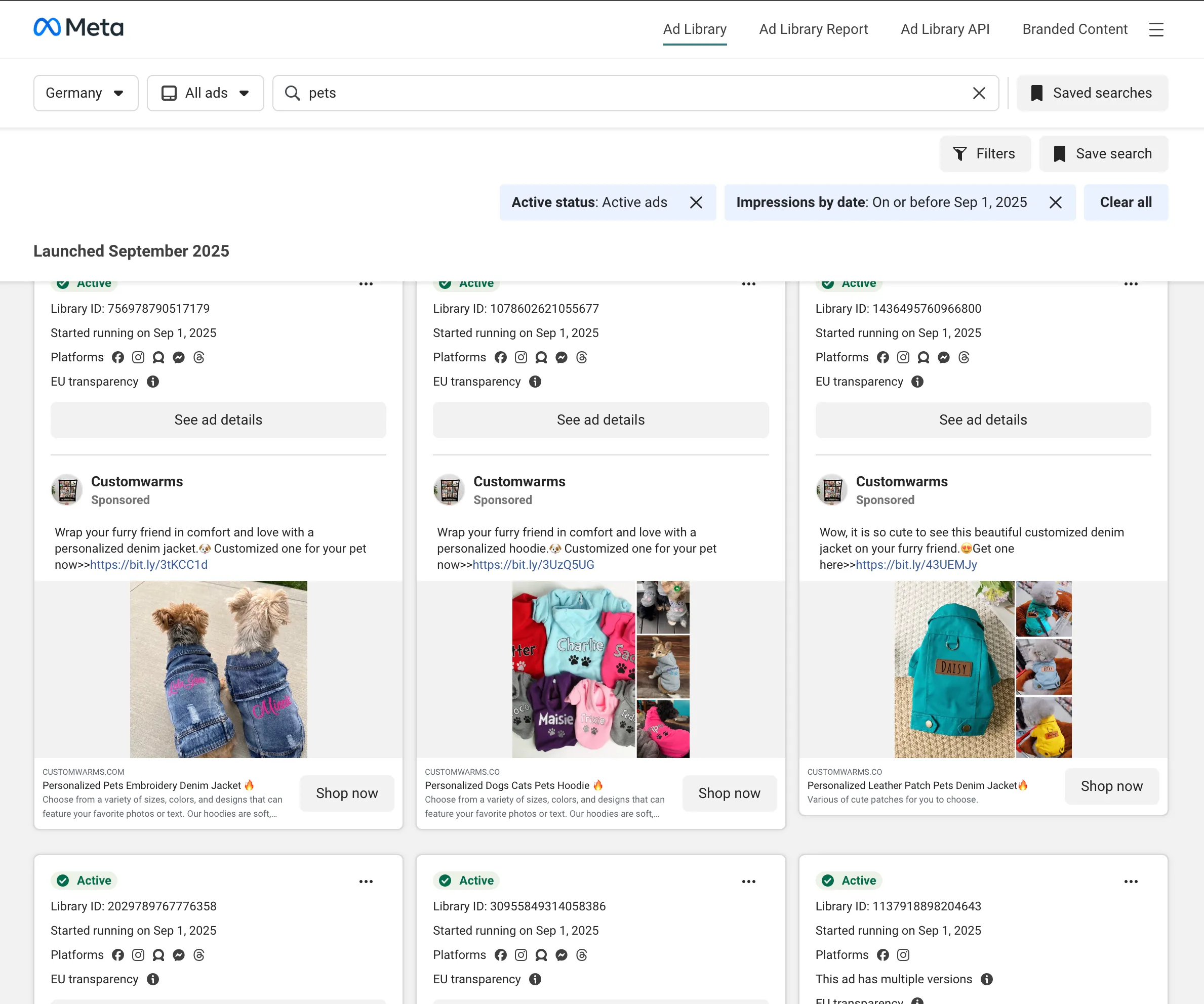 Screenshot showing ad variations and demographics in Facebook Ads Library