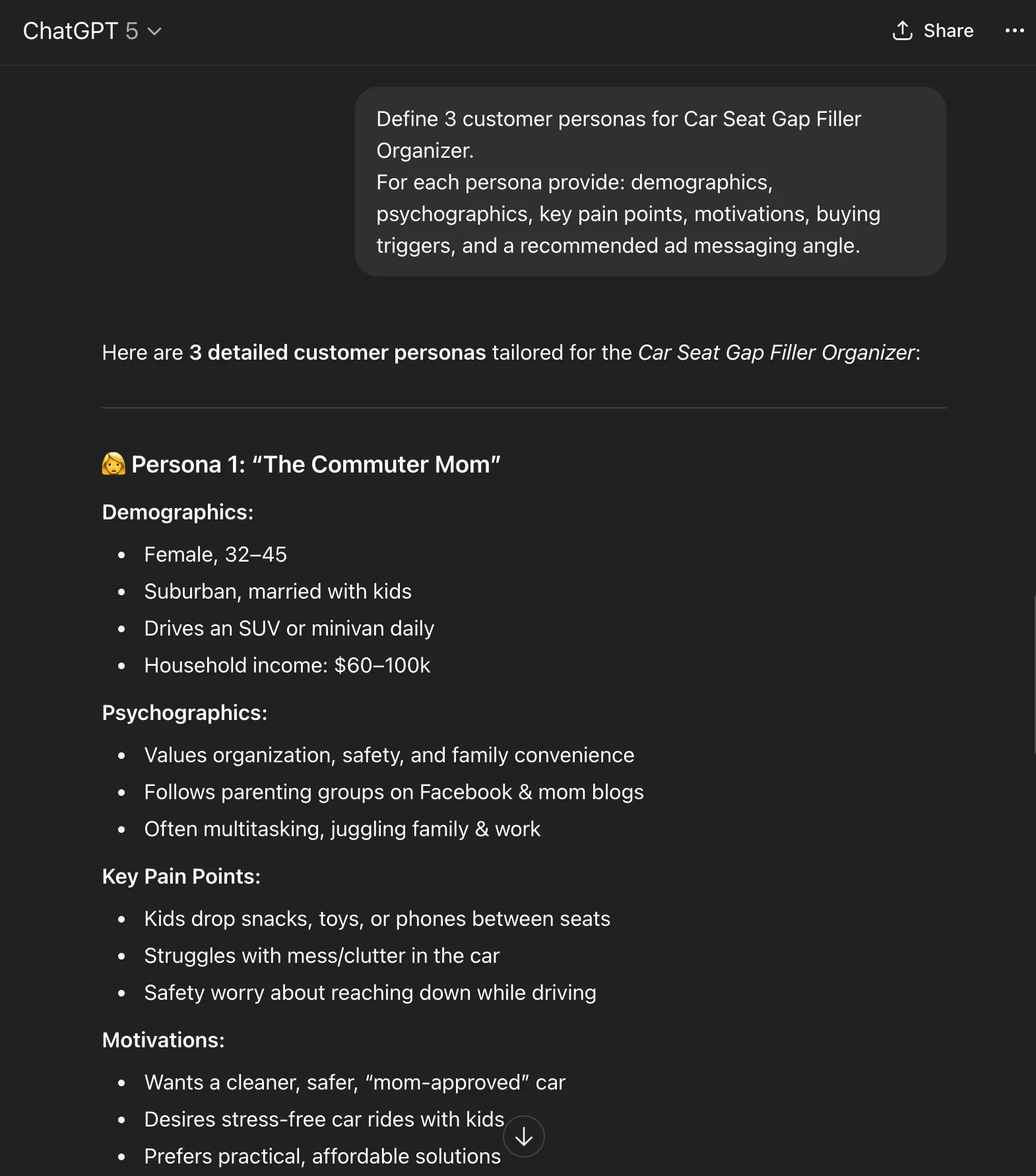 Example output table for customer personas