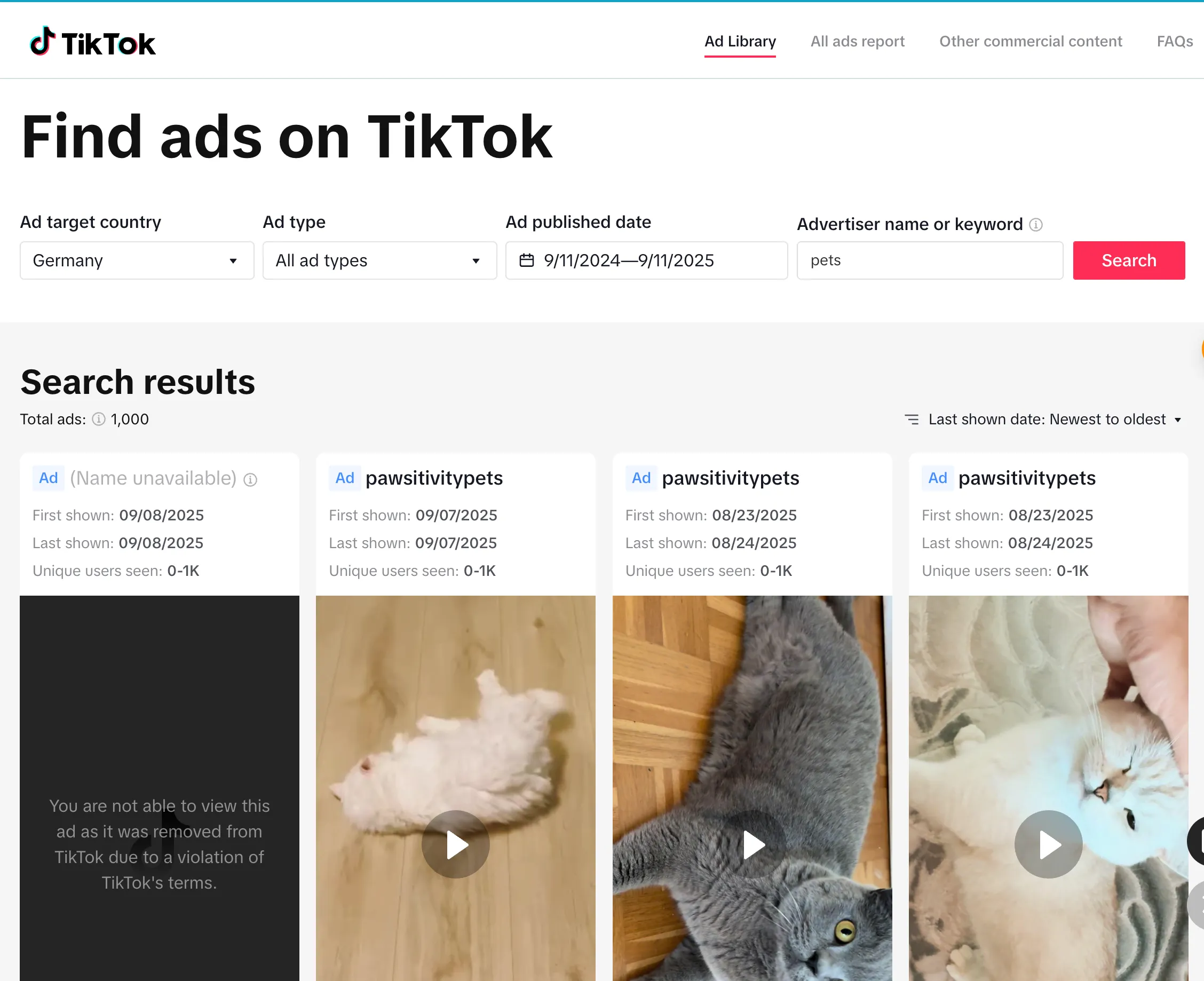 Screenshot of TikTok Ads Library showing trending dropshipping products